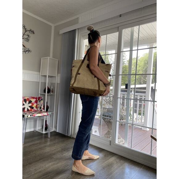 Urban Edge By Canyon Outback Tan Linen Cotton Leather Tote Travel Bag - Picture 3 of 16